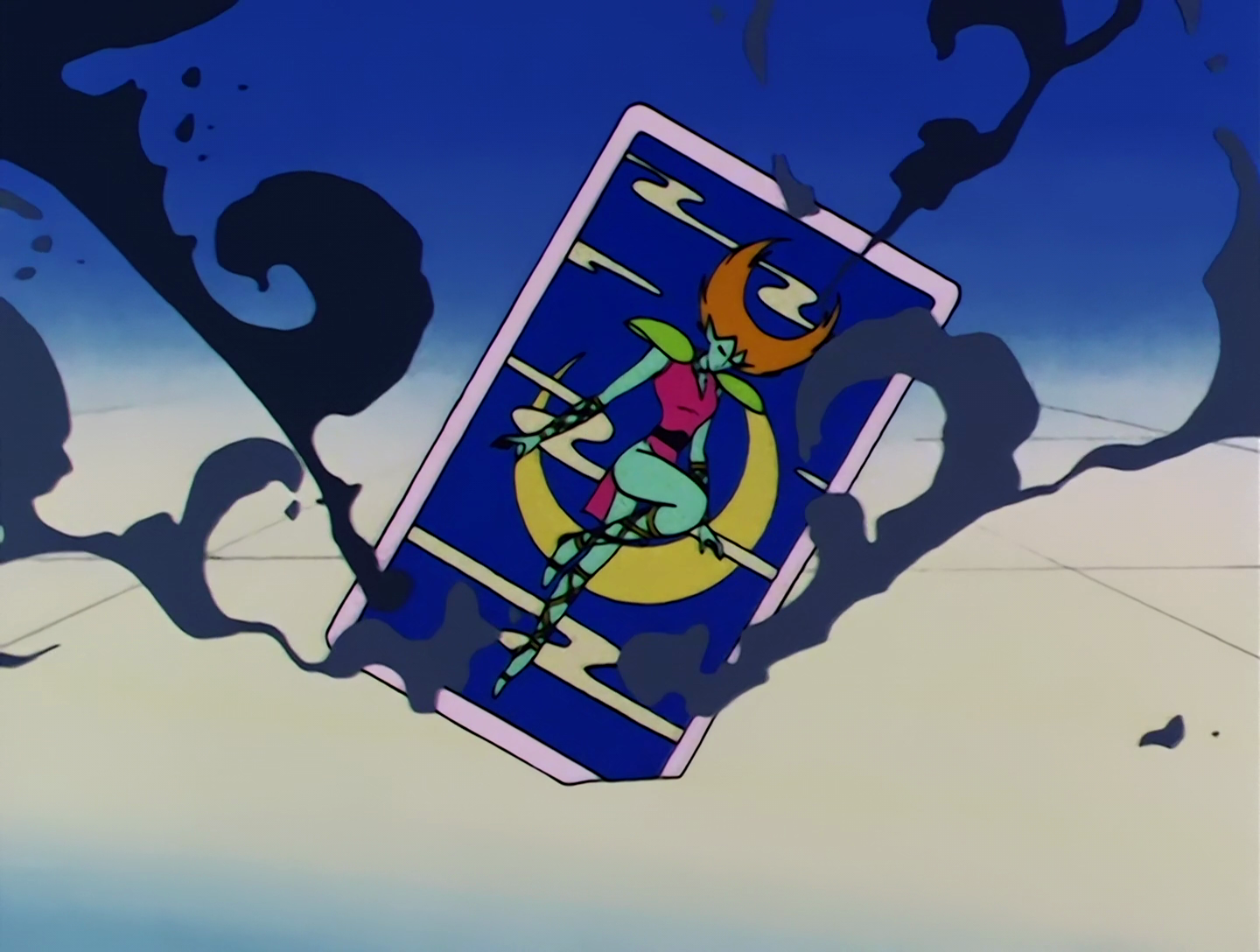 The Mystery Cardian from Sailor Moon episode 57. So this one is just… illustrated on one of the cards Ail and An use to summon Cardians. She has turquoise skin and orange hair styled like a large crescent moon. She wears a pink outfit which, now that I look at it, looks kinda like the one worn by Blossom from the Powerpuff Girls.